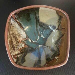 Potters Brown Edom, TX Hand Crafted Ceramic Decorative Bowl Teal Blue White Brwn